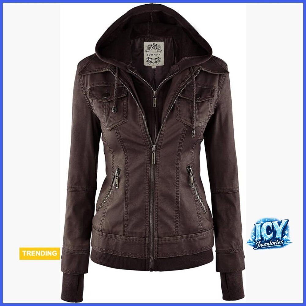 Faux Leather Motorcycle Jacket with Removable Hood